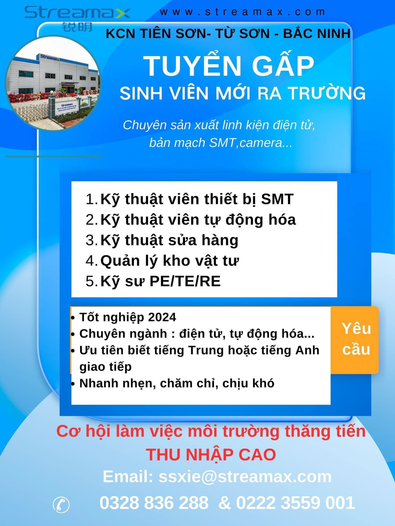 công ty TNHH điện tử streamax việt nam
công ty có 100% vốn nước ngoài.
chuyên sản xuất dụng cụ quang học,bản mạch. image