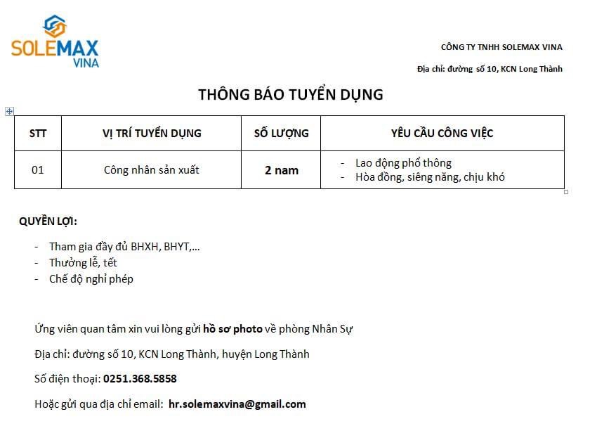 công ty TNHH solemax vina
công ty có 100% vốn hàn quốc.
chuyên sản xuất đế giày image