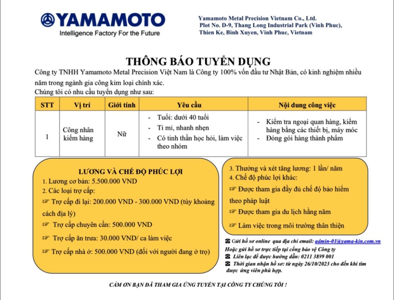 công ty TNHH yamamoto metal precision việt nam.
Công ty có 100% vốn nhật bản.
Chuyên sản xuất gia công kim loại chính xác image