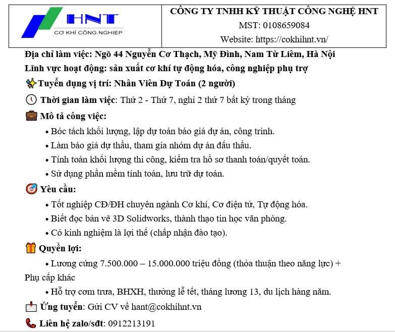 công ty TNHH kỹ thuật công nghệ hnt hình ảnh tuyển dụng