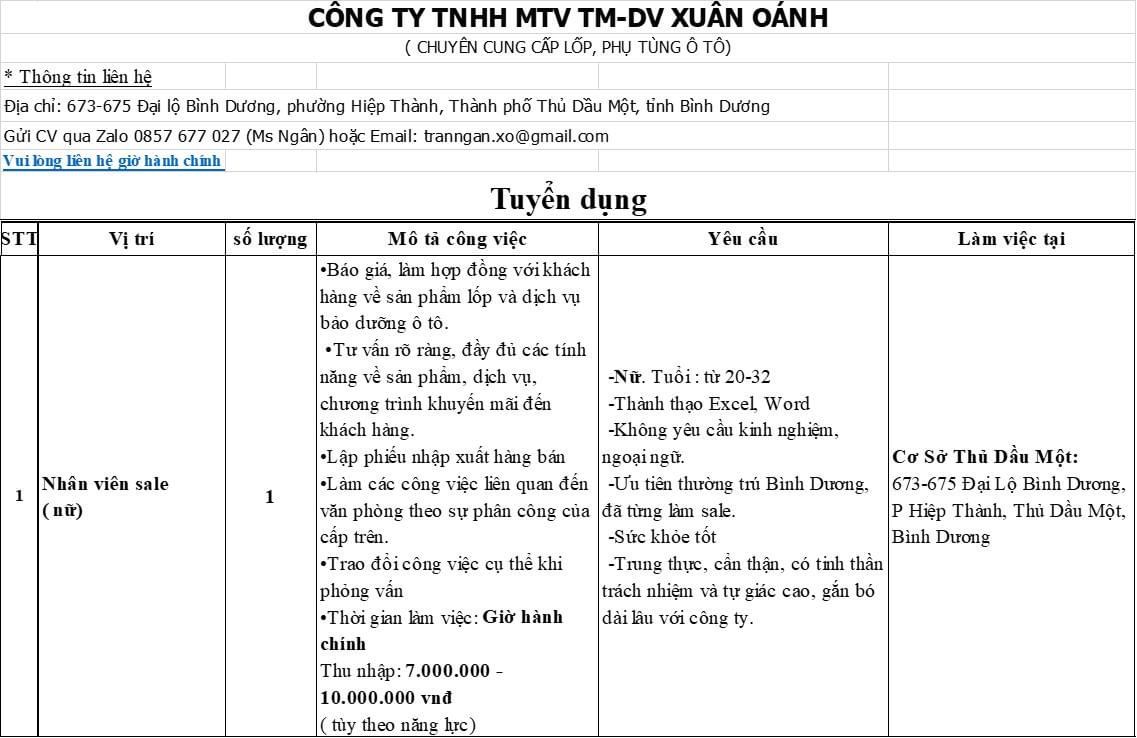 công ty TNHH MTV -DV xuân oánh hình ảnh tuyển dụng