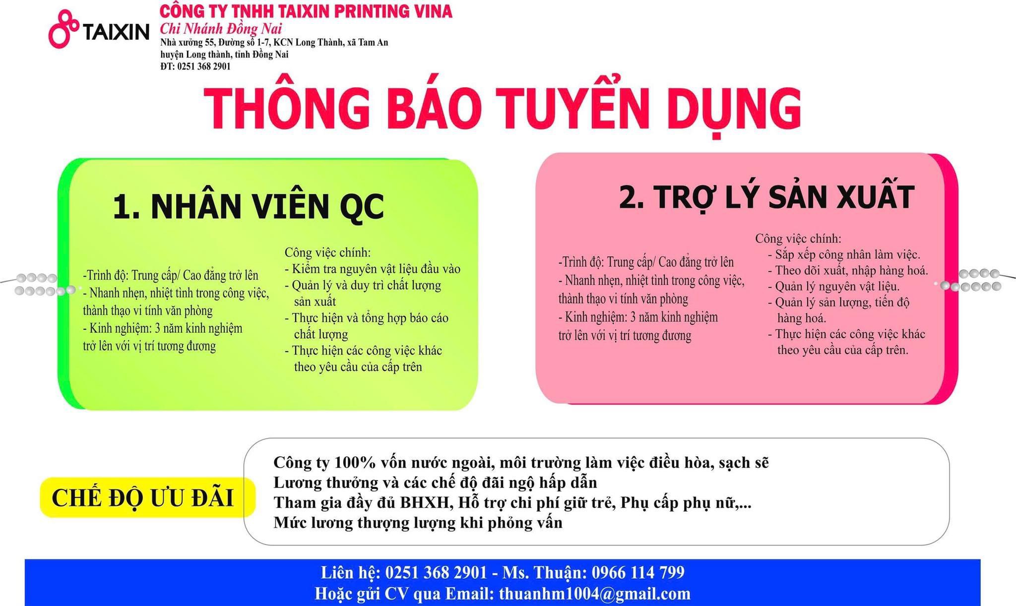 công ty TNHH taixin printing vina chi nhánh đồng nai hình ảnh tuyển dụng