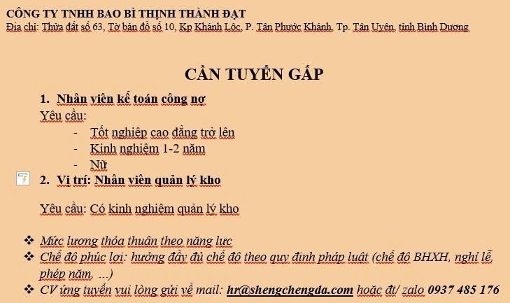 công ty TNHH bao bì thịnh thành đạt hình ảnh tuyển dụng