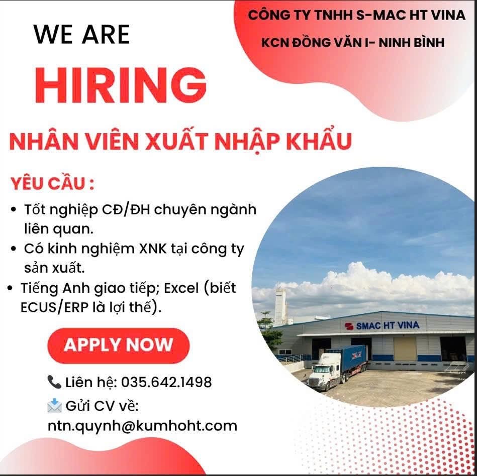 công ty TNHH s-mac ht vina
công ty có 100% vốn hàn quốc
chuyên sản xuất kinh kiện điện tử image