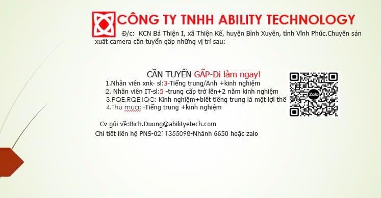 công ty TNHH ability electronics technology
công ty có 100% vốn nước ngoài
chuyên sản xuất linh kiện điện tử. image