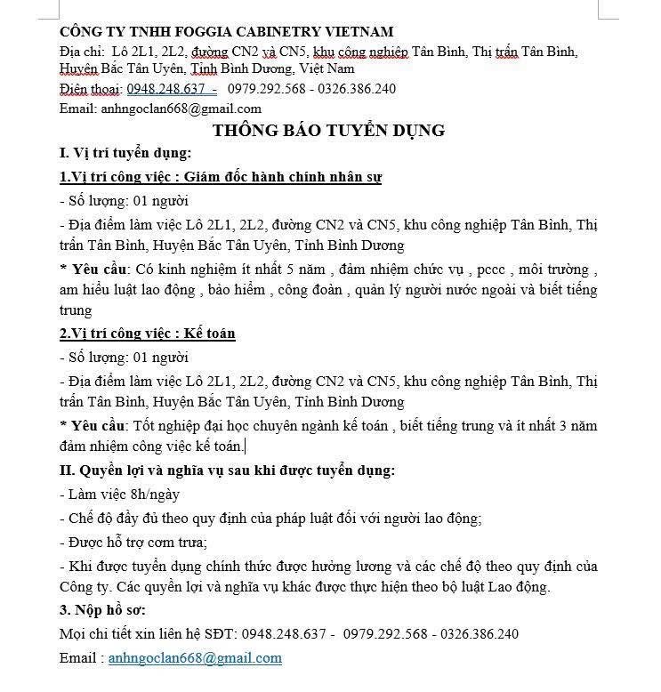 công ty TNHH foggia cabinetry việt nam
công ty có 100% vốn trung quốc.
chuyên sản xuất bàn ghế, giường tủ.. image