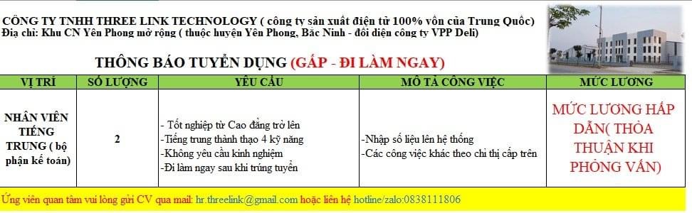 công ty TNHH  three link technology hình ảnh tuyển dụng