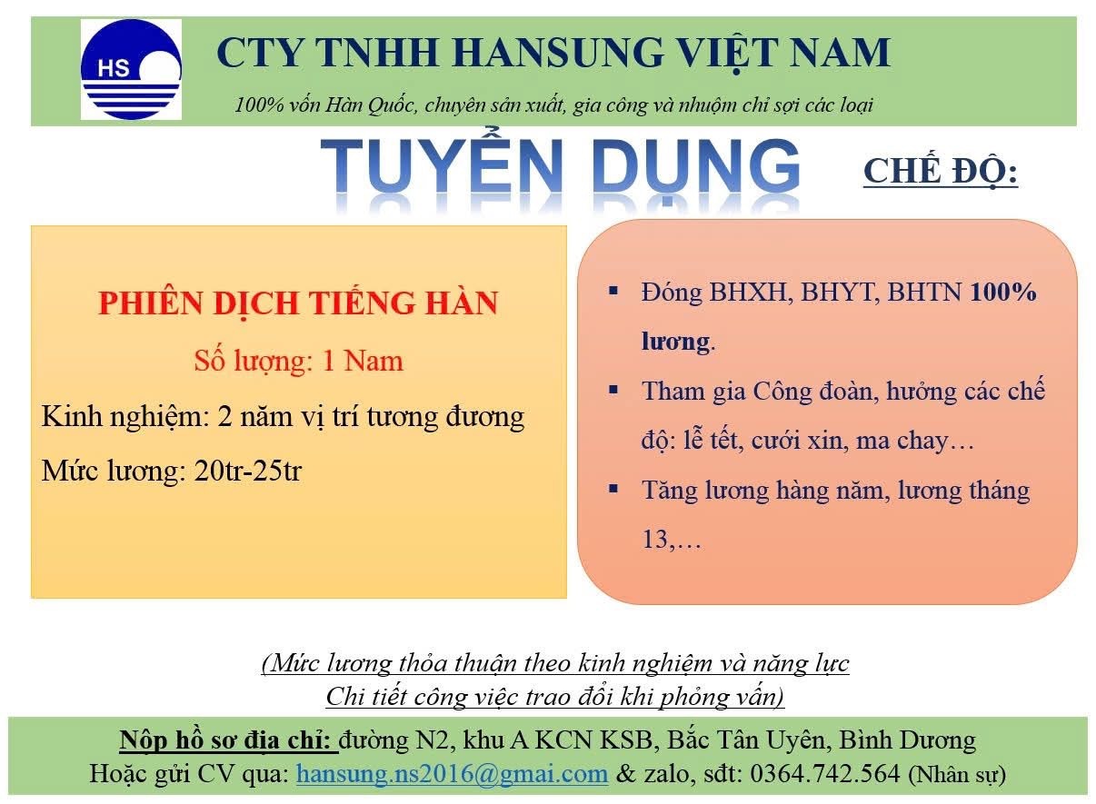 công ty TNHH hansung việt nam hình ảnh tuyển dụng