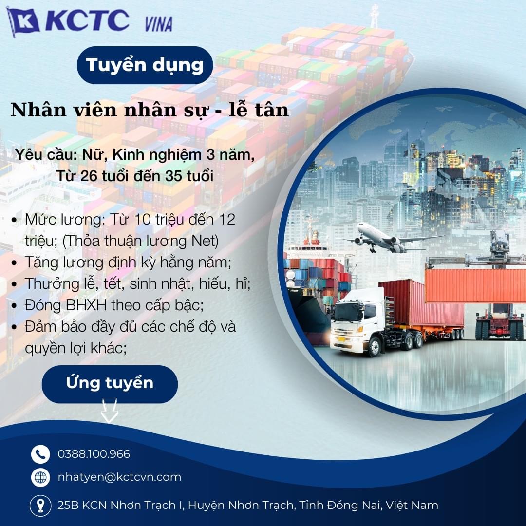 công ty TNHH kctc việt nam làm tại đồng nai
công ty có 100% vốn hàn quốc
chuyên hoạt động trong lĩnh vực kho bãi, vận chuyển. image