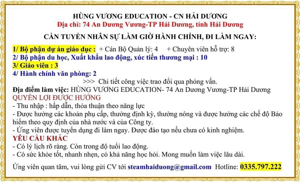 hùng vương education- cn hải dương.
cần tuyển 
- cán bộ quản lý
-giáo viên
- bộ phận du học
- hnns image