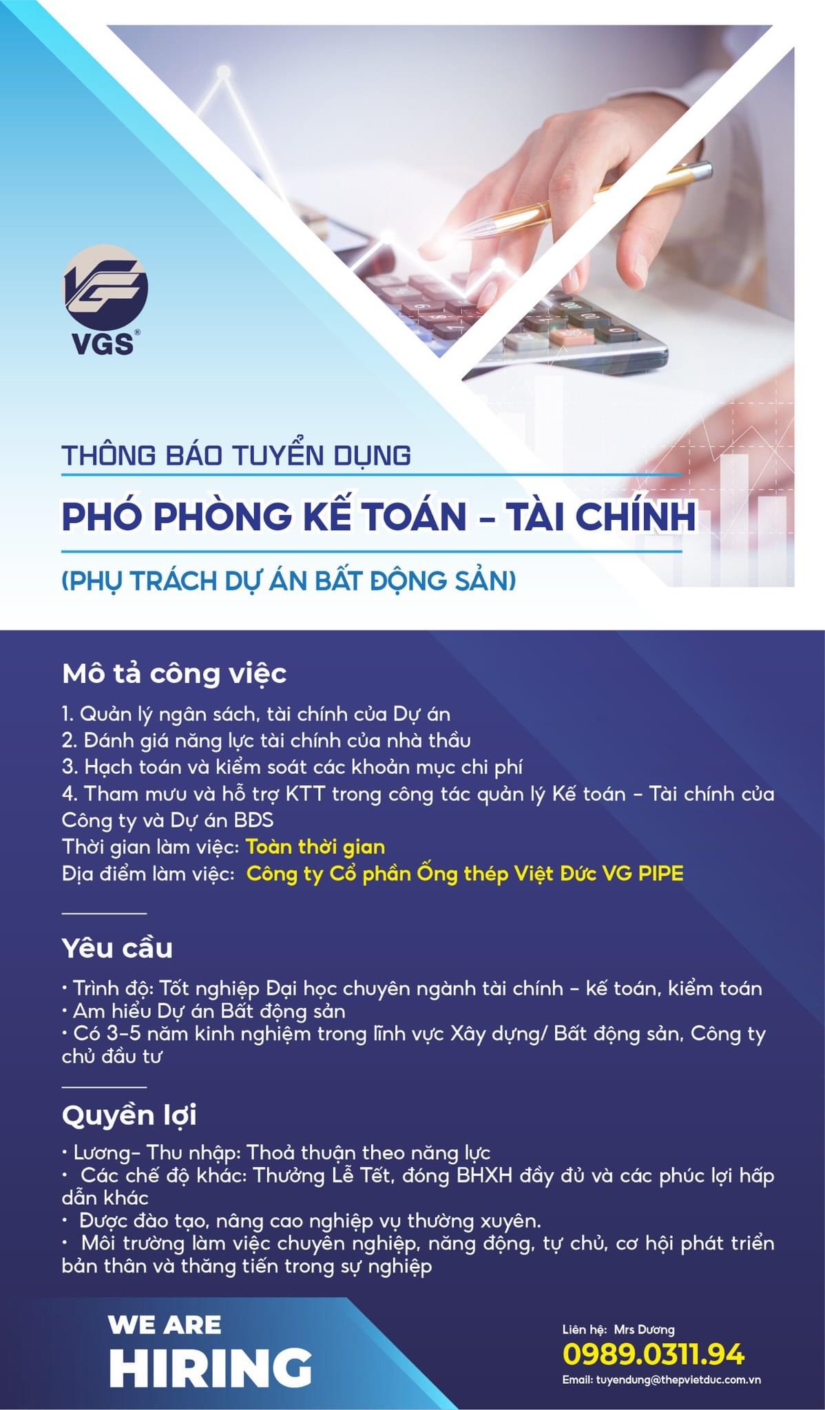 công ty cổ phần ống thép việt đức.
công ty chuyên sản xuất ống thép uy tín.
công ty đang mở rộng sang lĩnh vực bất động sản.
cần tuyển phó phòng kế toán phụ trách bất động sản. image