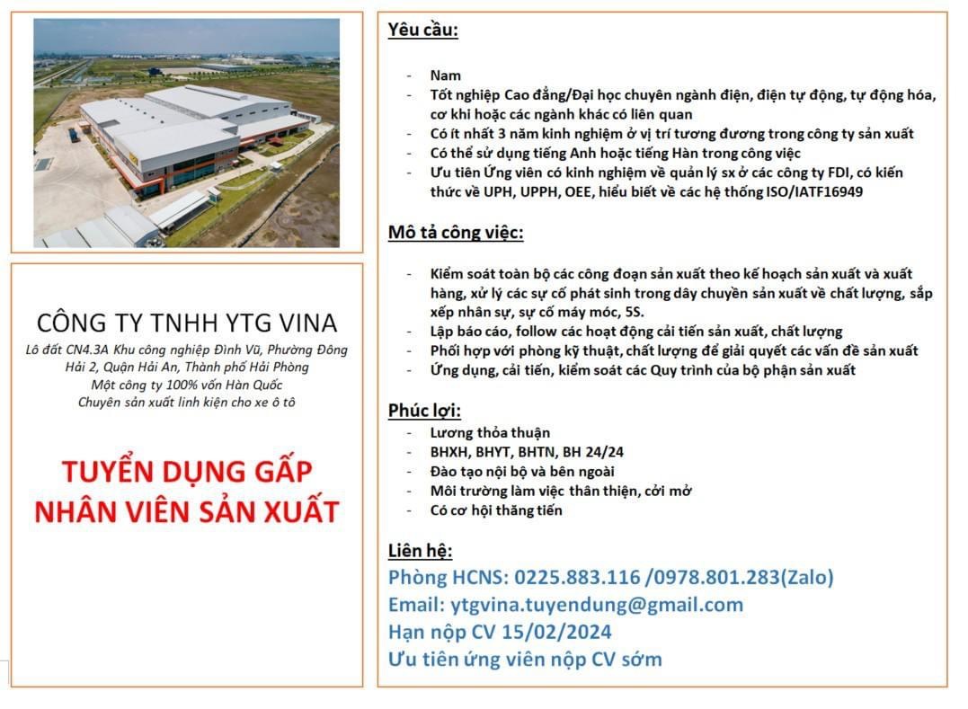 công ty TNHH ytg vina
công ty có 100% vốn hàn quốc
chuyên sản xuất linh kiện cho xe ô tô image