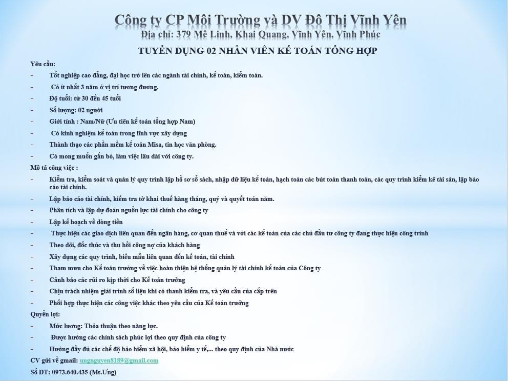 công ty cổ phần môi trường và dịch vụ đô thị vĩnh yên hình ảnh tuyển dụng