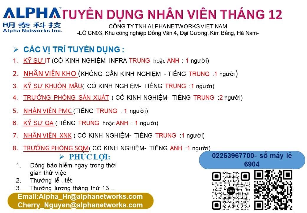 công ty TNHH alphanetworks việt nam.
công ty có vốn đài loan.
chuyên sản xuất các thiết bị truyền thông
 image