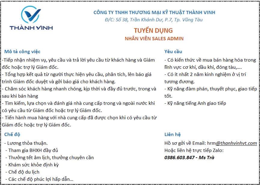 công ty TNHH thương mại kỹ thuật thành vinh hình ảnh tuyển dụng