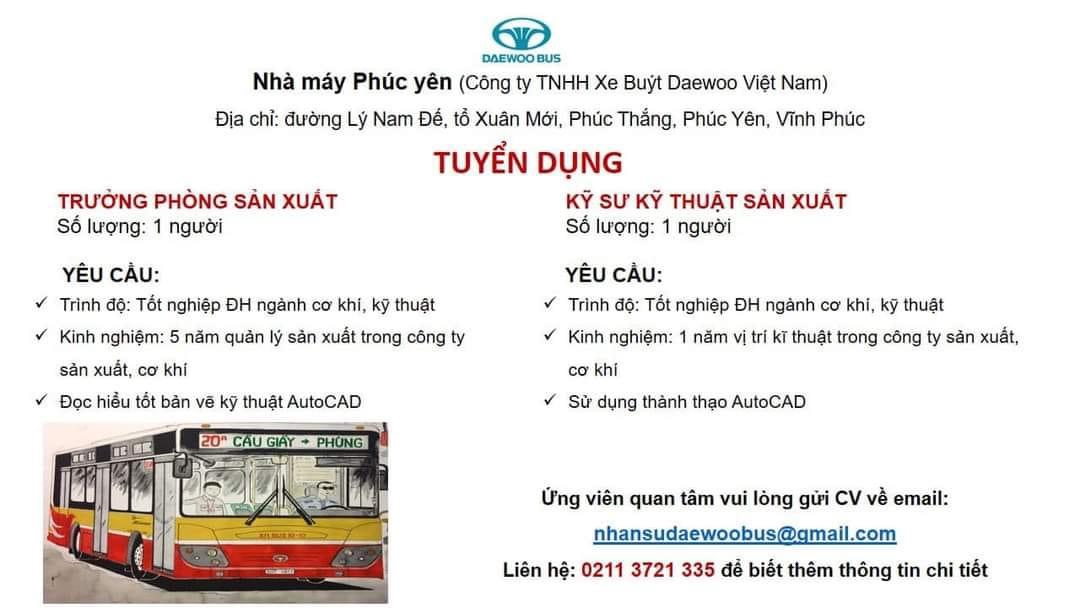 công ty TNHH xe bus daewoo việt nam. nhà máy phúc yên.
công ty có 100% vốn hàn quốc.
chuyên lắp giáp xe oto, xe bus image