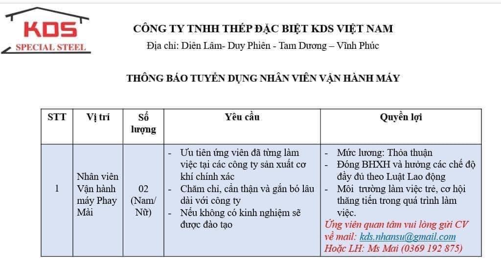 công ty TNHH thép đặc biệt kds việt nam.
Công ty chuyên gia công kim loại chính xác.
Cần tuyển nhân viên vận hành máy phay, mài image