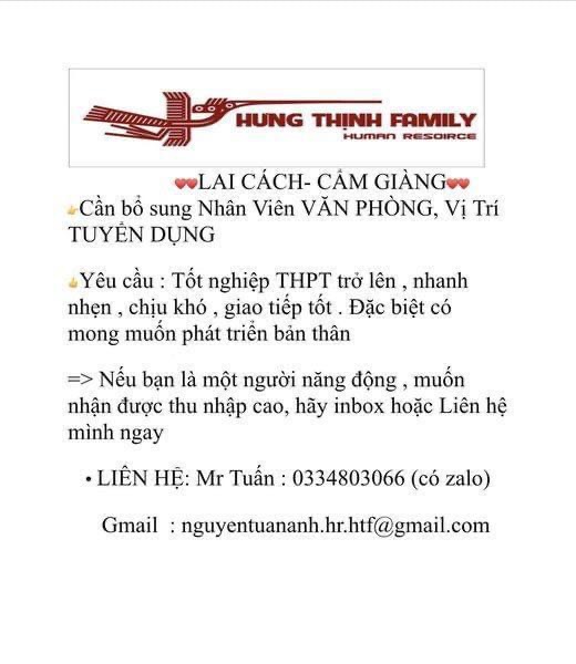 công ti cổ phần cung ứng nhân lực hưng thịnh family.
chuyên cung cấp nhân lực cho các công ti.
lương thưởng, hoa hồng cao image