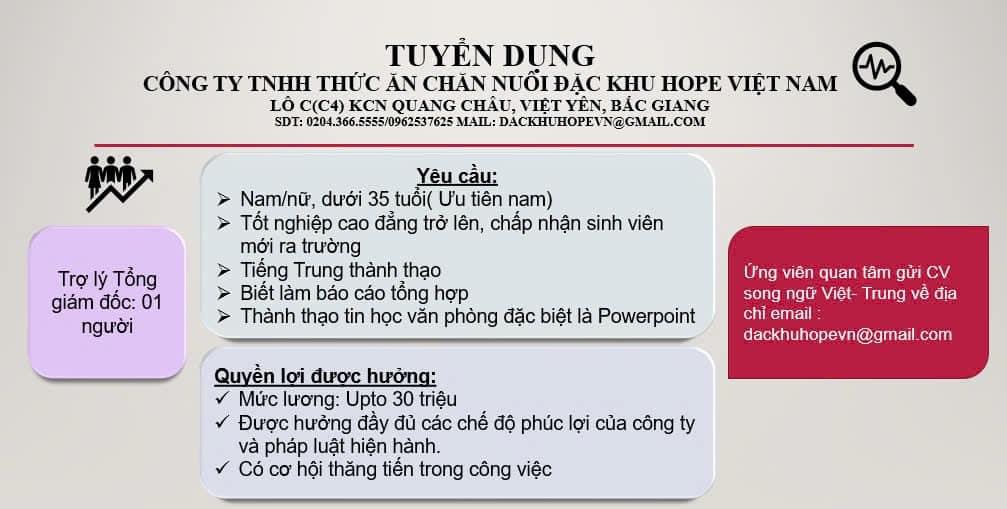 công ty TNHH thức ăn chăn nuôi khu hope việt nam
công ty có 100% vốn trung quốc.
chuyên sản xuất thức ăn chăn nuôi image