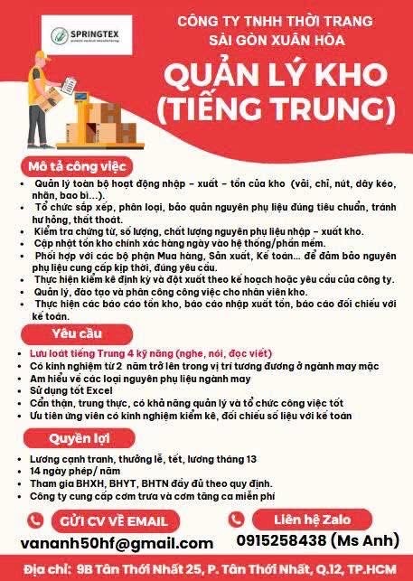 công ty TNHH thời trang sài gòn xuân hoà
công ty có 100% vốn trung quốc
chuyên sản xuât hàng may mặc image