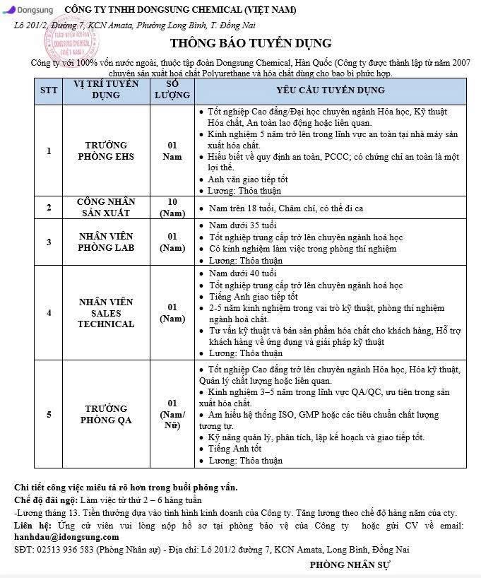 công ty TNHH dongsung chemical việt nam hình ảnh tuyển dụng