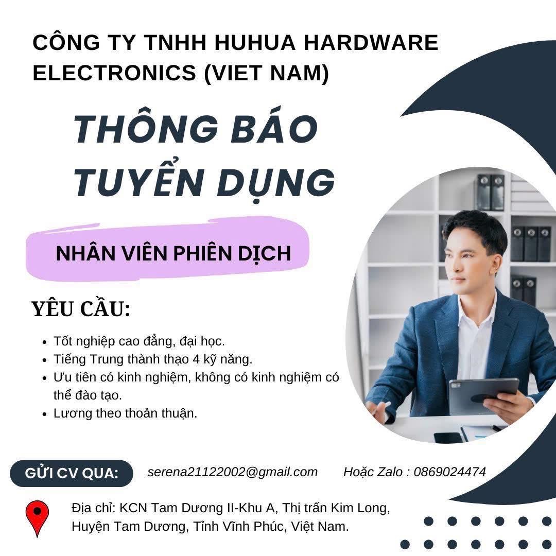 công ty TNHH huhua hardware eletronics việt nam
công ty có 100% vốn trung quốc.
chuyên gia công sản xuất rèn, dập kim loại image