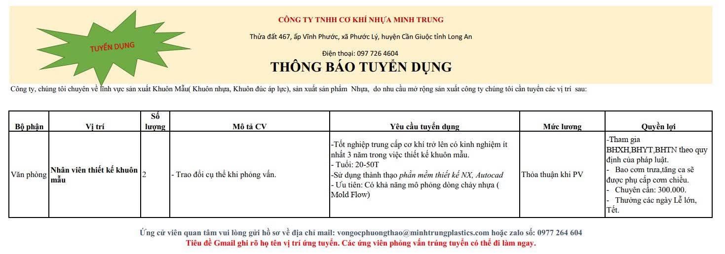 công ty TNHH cơ khí nhựa minh trung hình ảnh tuyển dụng