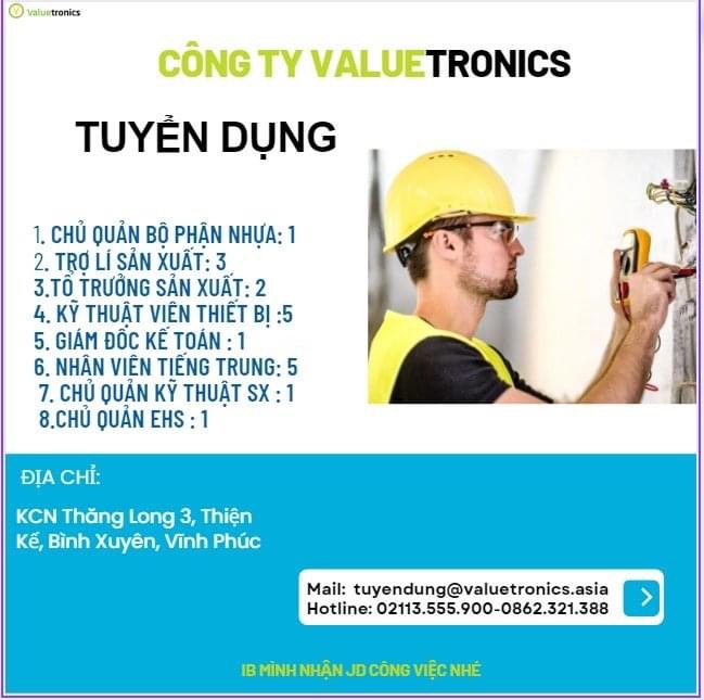 công ty TNHH valuetronics việt nam.
công ty có 100% vốn đài loan. chuyên sản xuất và gia công linh kiện điện tử của máy nhiệt kế, máy xay sinh tố.. image