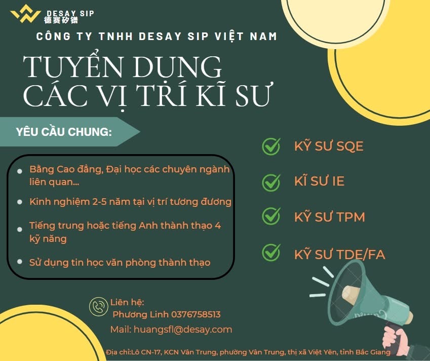 công ty TNHH desay sip việt nam
công ty có 100% vốn nước ngoài.
chuyên sản xuất kinh kiện điện tử. image