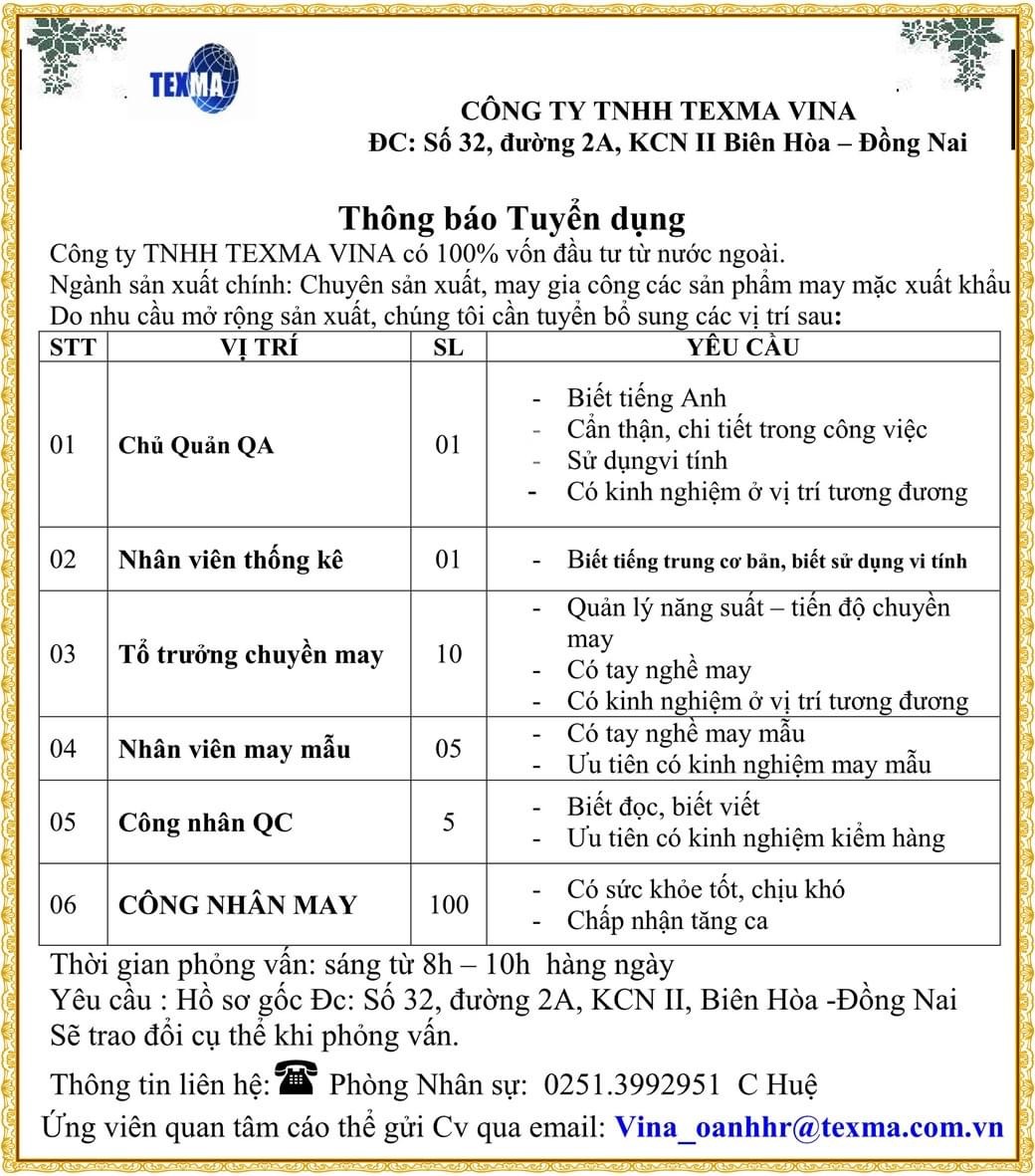 công ty TNHH texma vina
công ty có 100% vốn hàn quốc
chuyên sản xuất, may gia công các sản phẩm may mặc xuất khẩu. image