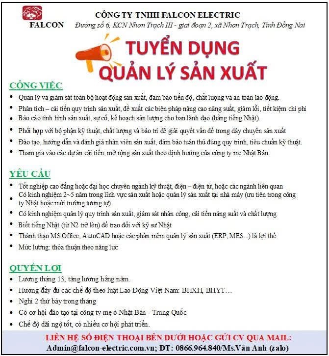 công ty TNHH faclon electric
công ty có 100% vốn nhật bản
chuyên sản xuất linh kiện điện tử image