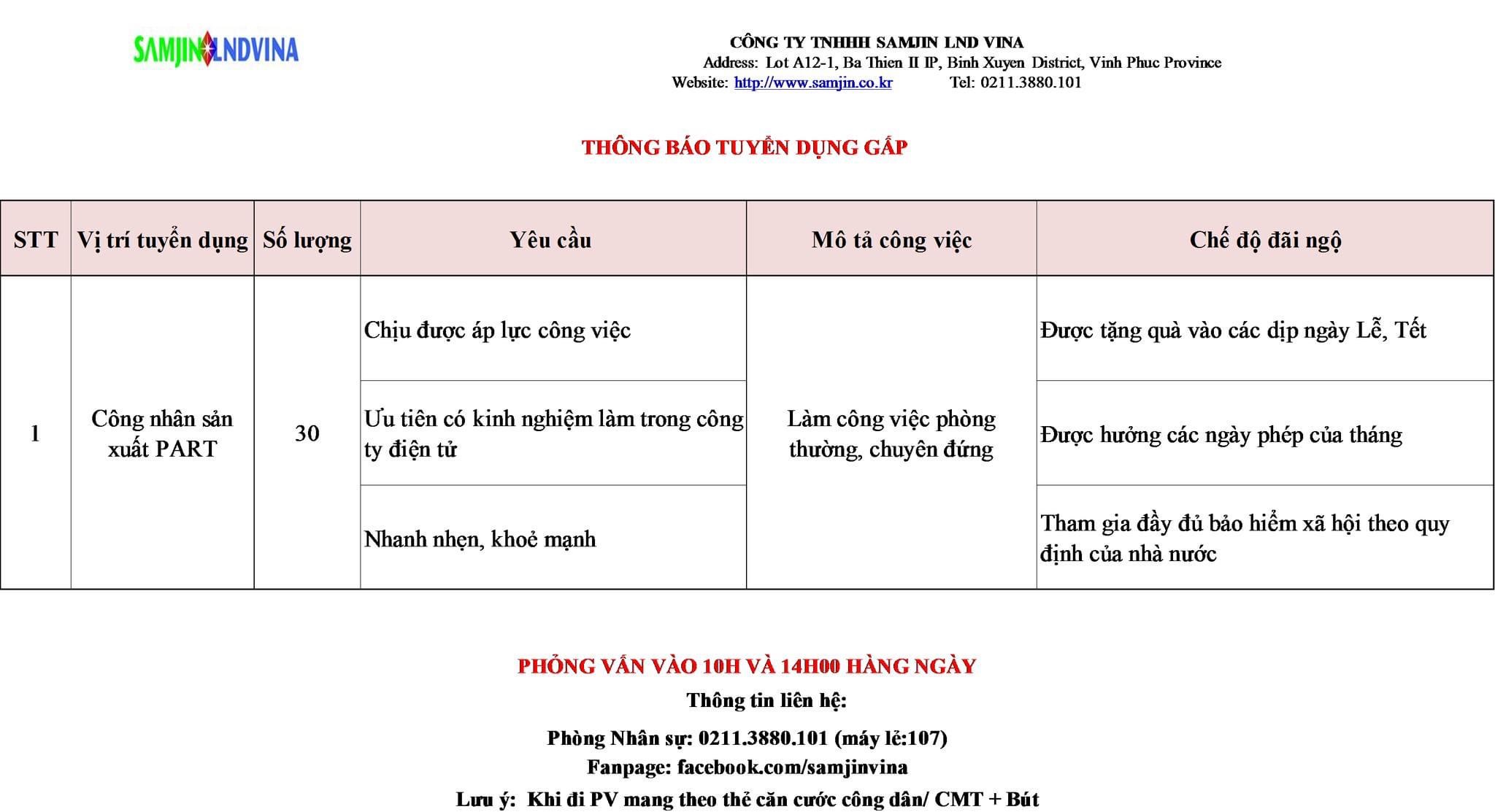 công ti TNHH samjin vina. có 100% vốn hàn quốc.
được thành lập năm 2016 tại kcn bá thiện- vĩnh phúc. image