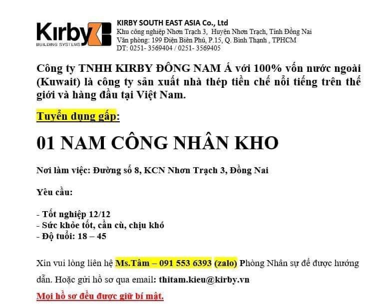 công ty TNHH kirby đông nam á.
công ty có 100% vốn kuwait.
chuyên sản xuất nhf thép tiền chế. image