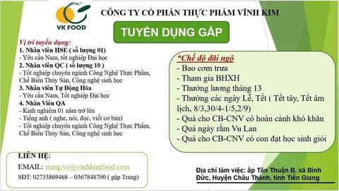 công ty cổ phần thực phẩm vĩnh kim hình ảnh tuyển dụng