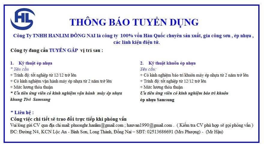 công ty TNHH hanlim đồng nai
công ty có 100% vốn hàn quốc
chuyên sản xuất lắp giáp linh kiện điện tử image