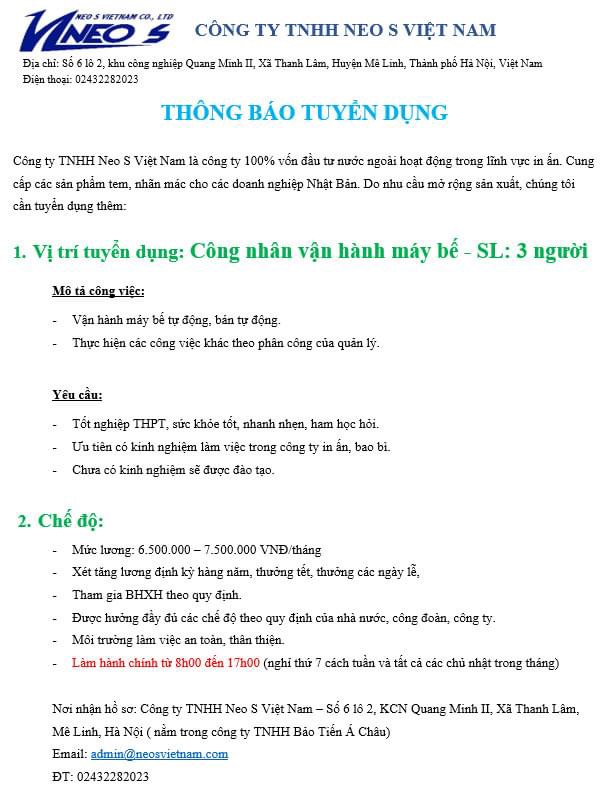 công ty TNHH neo s việt nam.
công ty có 100% vốn nước ngoài.
chuyên in ấn, nhãn mác tem cho các doanh nghiệp nước ngoài image