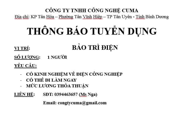 công ty TNHH công nghệ cuma hình ảnh tuyển dụng