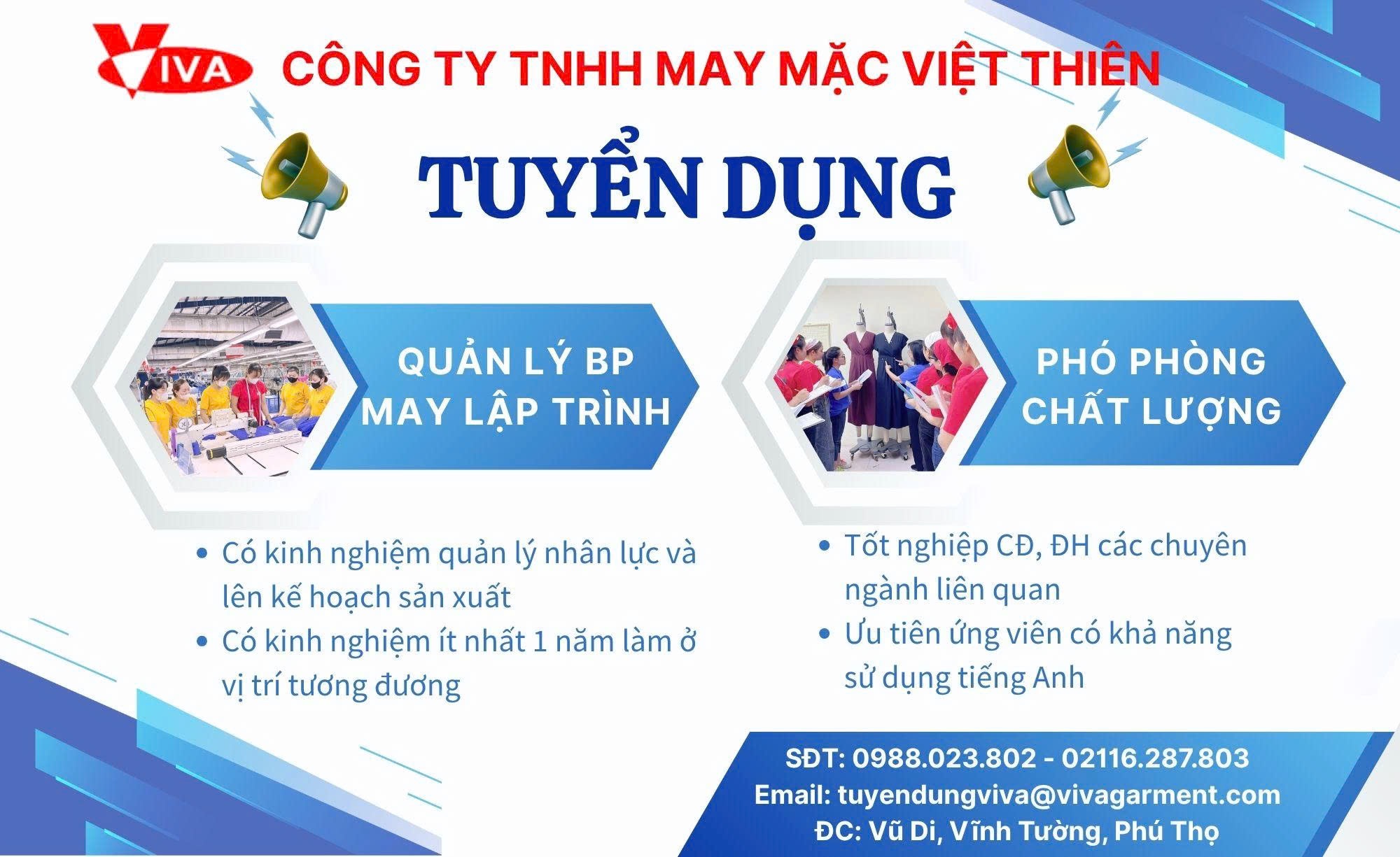 công ty TNHH may việt thiên
công ty có 100% vốn hồng kong
chuyên may quần áo dệt thoi và dệt kim xuất khẩu image