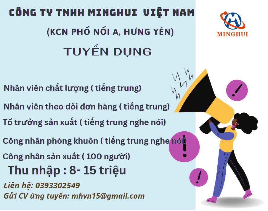 công ty TNHH minchui việt nam.
công ty có 100% vốn trung quốc.
chuyên sản xuất tai nghe cho samsung. image