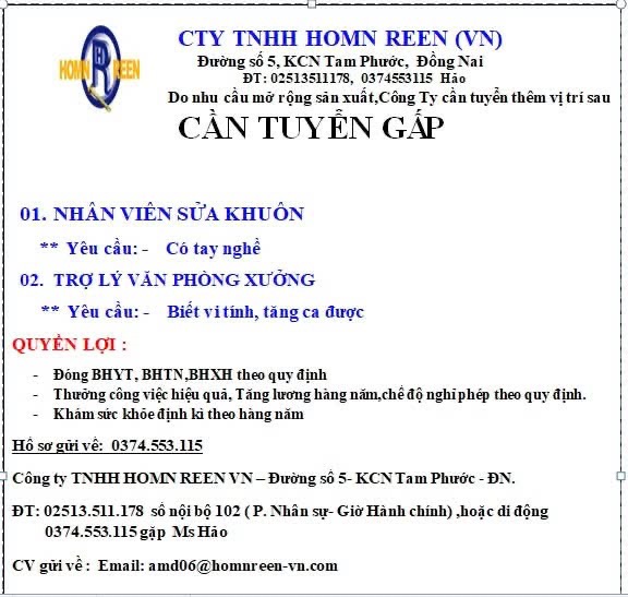 công ty TNHH homn reen việt nam hình ảnh tuyển dụng