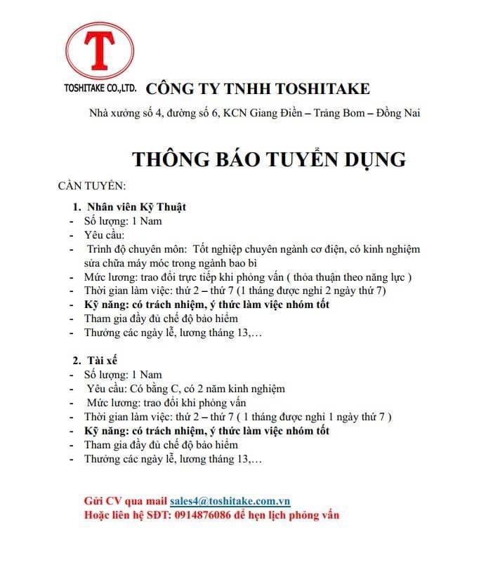 công ty TNHH toshitake hình ảnh tuyển dụng