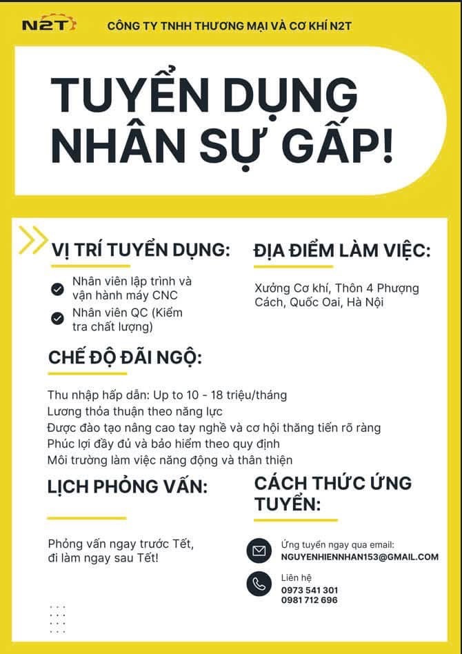 công ty TNHH thương mại cơ khí n2t
công ty chuyên gia công sử lý kim loại, sơn phủ tráng bề mặt kim loại image