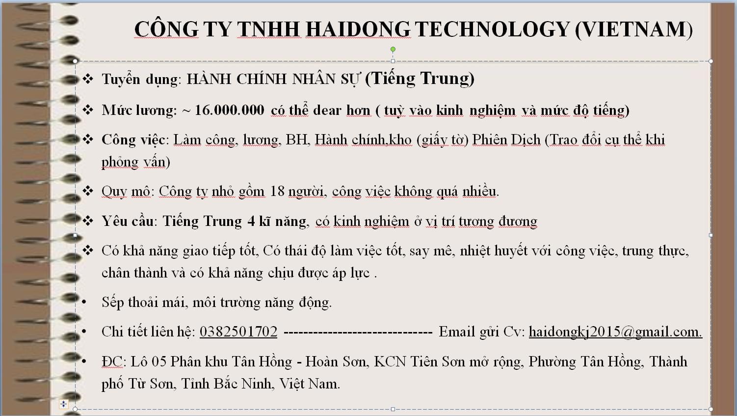 công ty TNHH haidong technology việt nam.
công ty có 100% vốn trung quốc.
chuyên sản xuất hoá chất cơ bản image