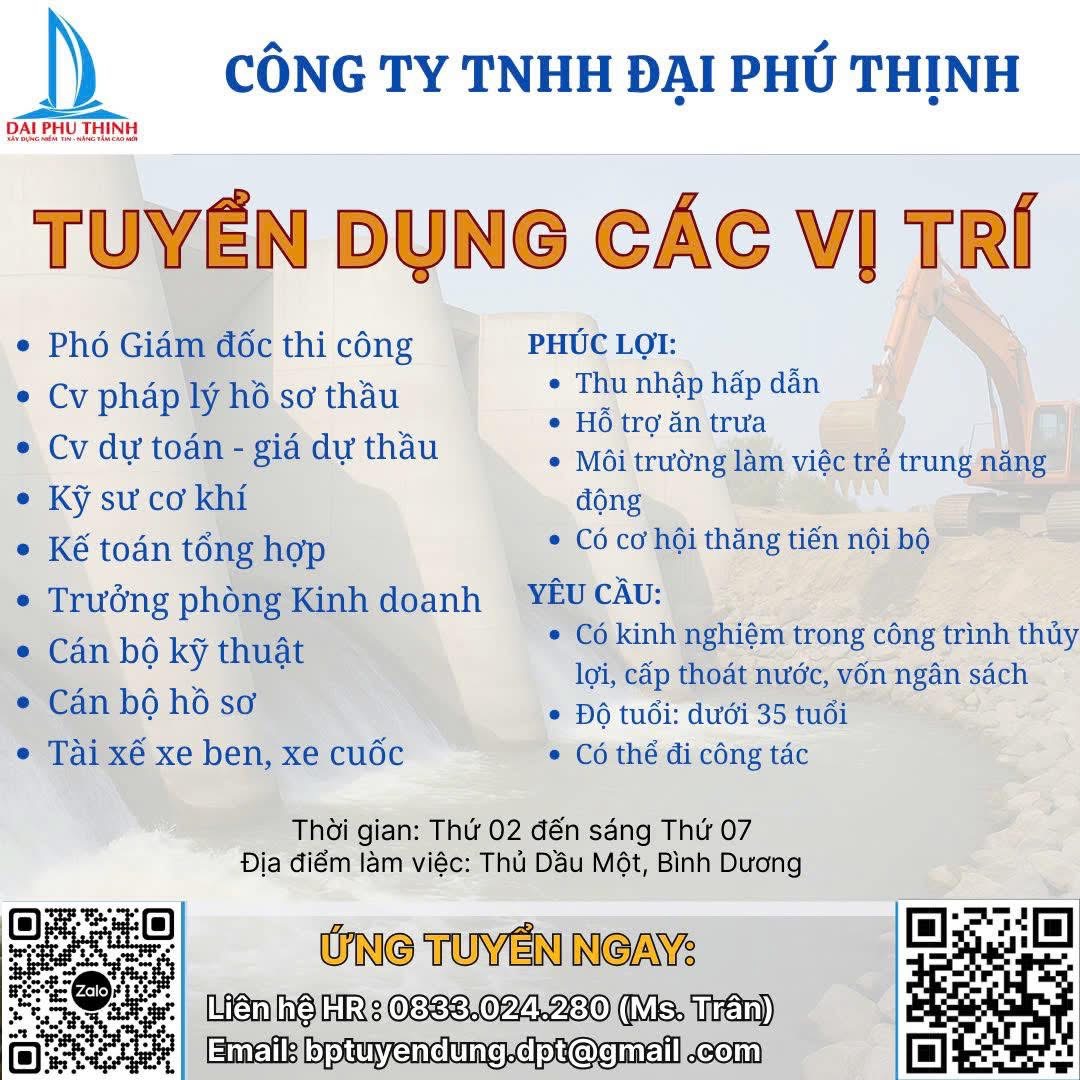 chi nhánh bình dương- công ty TNHH đại phú thịnh.
công ty chuyên xây dựng các công trình nông nghiệp, nước thải, cấp thoát nước.. image