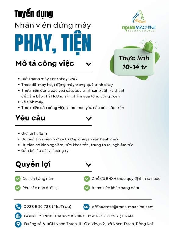 công ty TNHH trans machine technologies việt nam
công ty chuyên gia công cơ khí cho ngành đường sắt, ô tô.. image