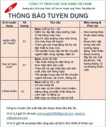 công ty TNHH dae duk band việt nam
công ty có 100% vốn hàn quốc
chuyên sản xuất dây đai nhựa, khoá dây đai. image