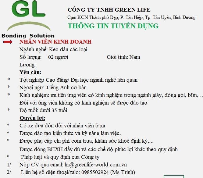 công ty TNHH green life
công ty có 100% vốn hàn quốc.
công ty chuyên sản xuất keo dán giày, đóng gói. image