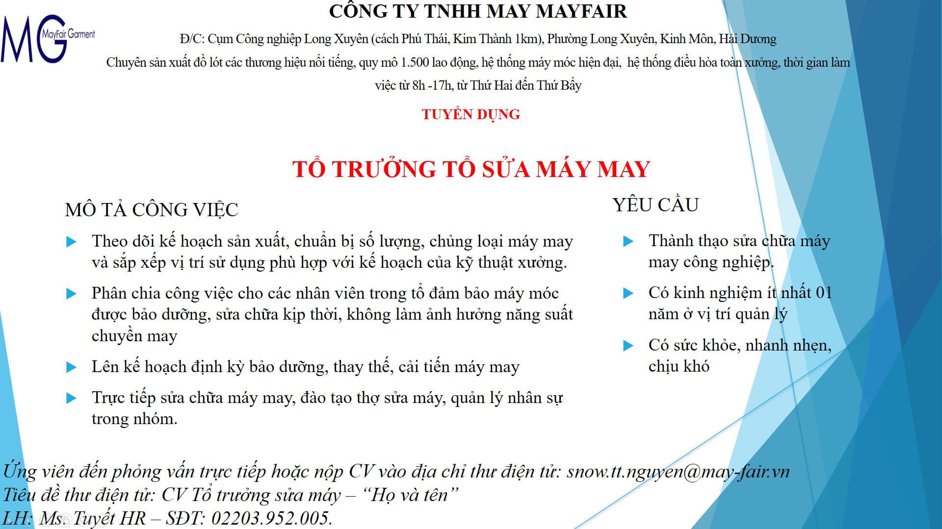 công ty TNHH may mayfair hình ảnh tuyển dụng