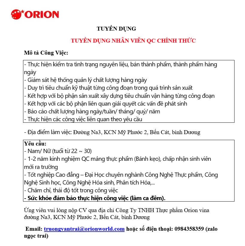 công ty TNHH thực phẩm orion vina hình ảnh tuyển dụng
