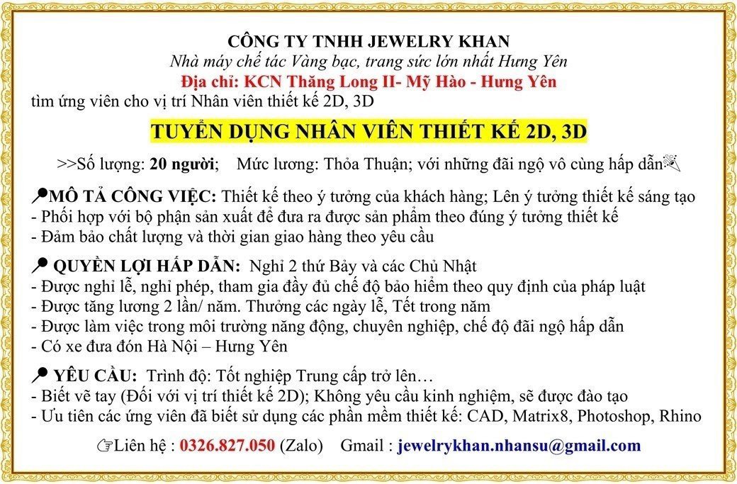 công ty TNHH jewelry khan.
chuyên chế tác vàng bạc, trang sức lớn nhất tỉnh hưng yên. image